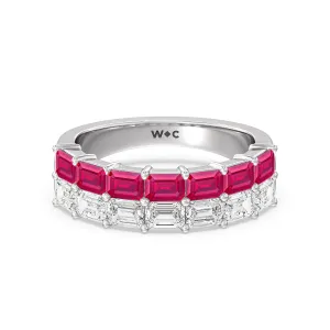 Two Row Linear Created Ruby Emerald Diamond East-West Anniversary Ring