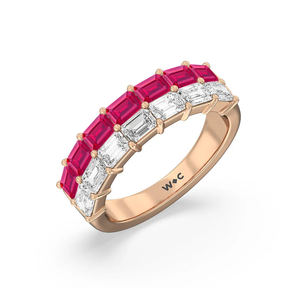 Two Row Linear Created Ruby Emerald Diamond East-West Anniversary Ring