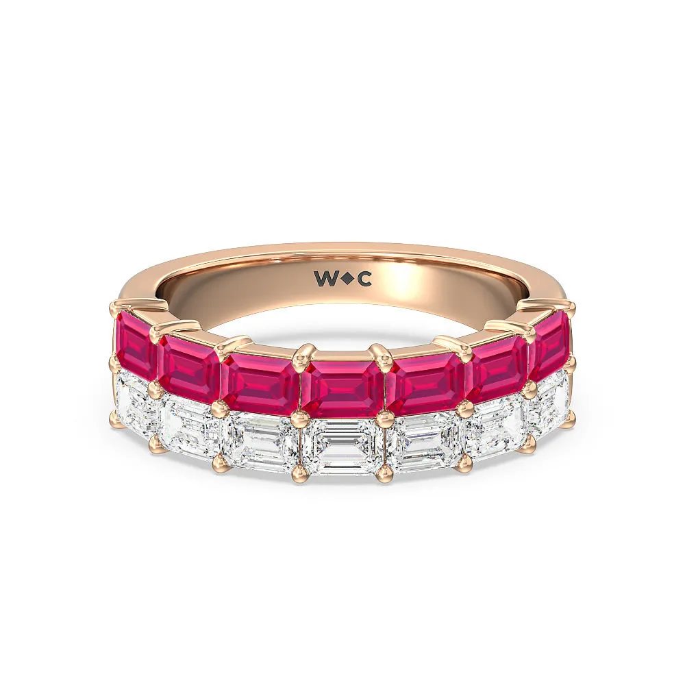 Two Row Linear Created Ruby Emerald Diamond East-West Anniversary Ring