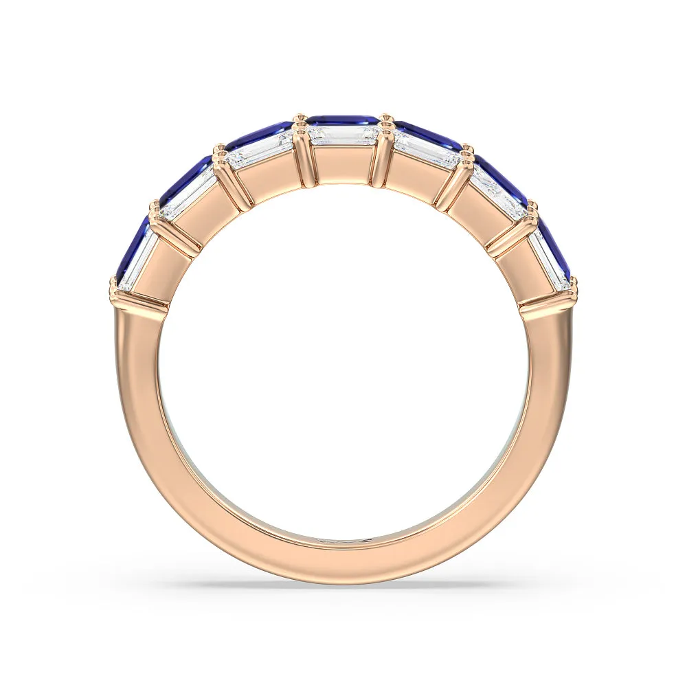 Two Row Linear Created Sapphire Emerald Diamond East-West Anniversary Ring