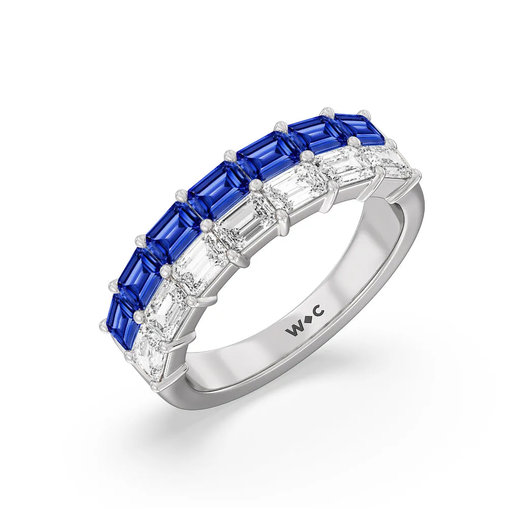 Two Row Linear Created Sapphire Emerald Diamond East-West Anniversary Ring