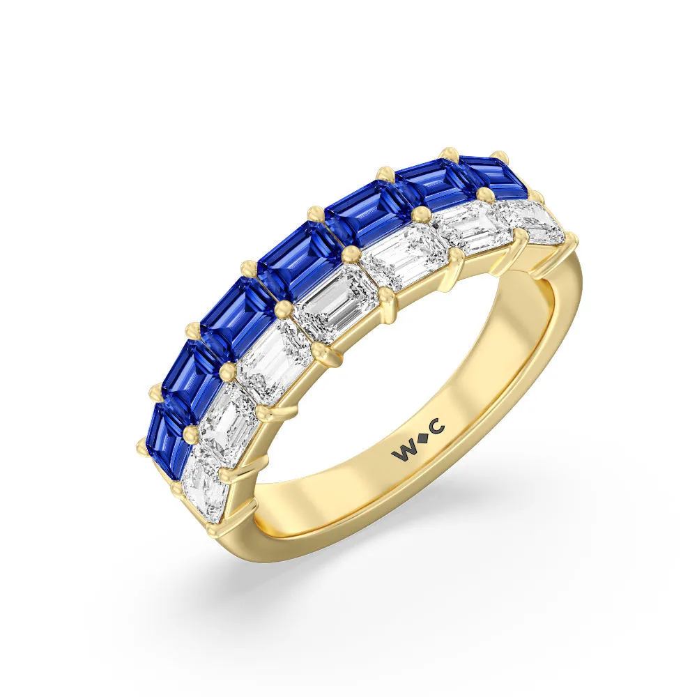 Two Row Linear Created Sapphire Emerald Diamond East-West Anniversary Ring