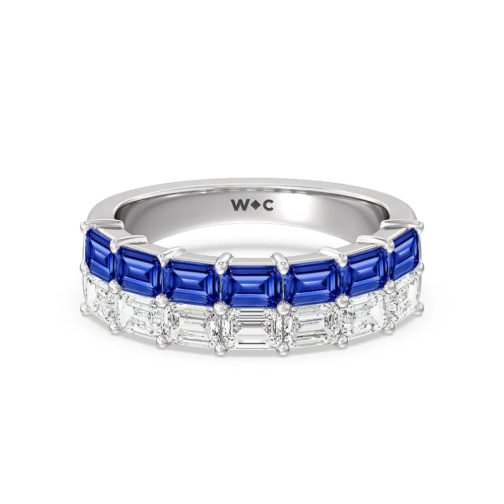 Two Row Linear Created Sapphire Emerald Diamond East-West Anniversary Ring