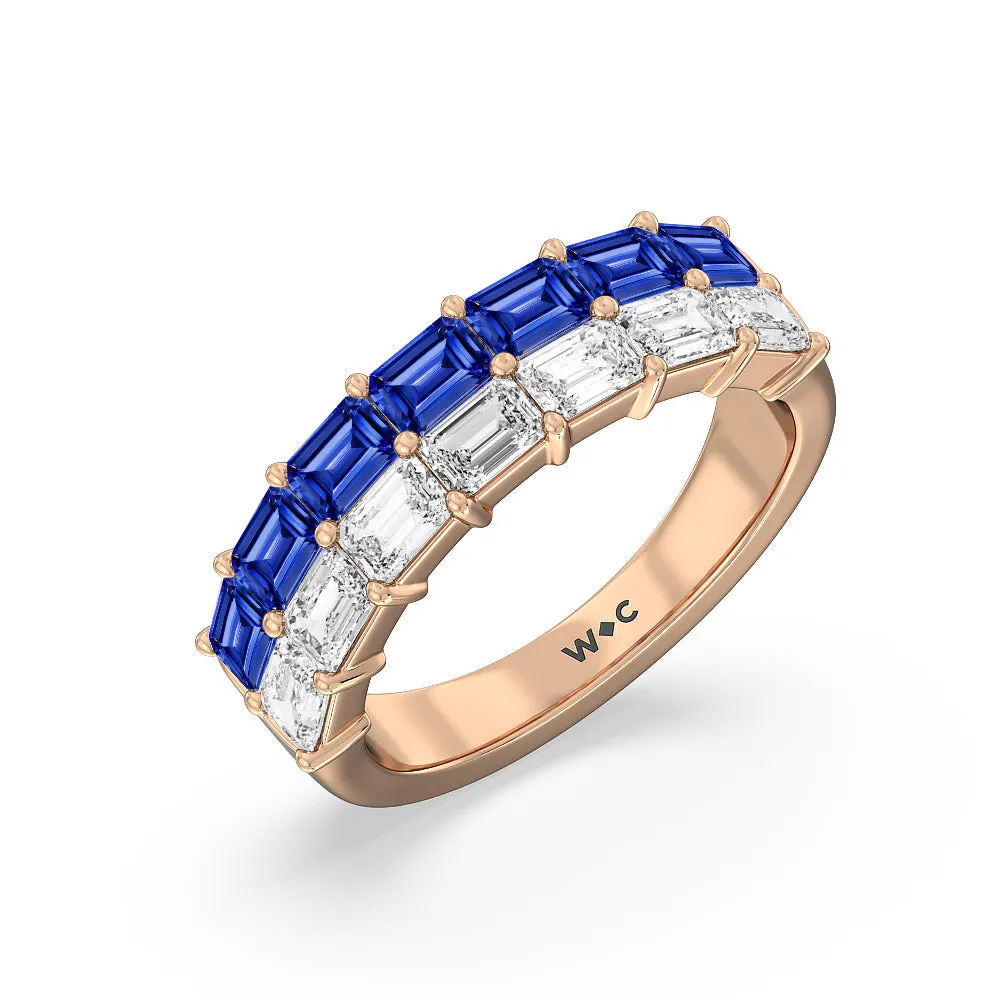 Two Row Linear Created Sapphire Emerald Diamond East-West Anniversary Ring