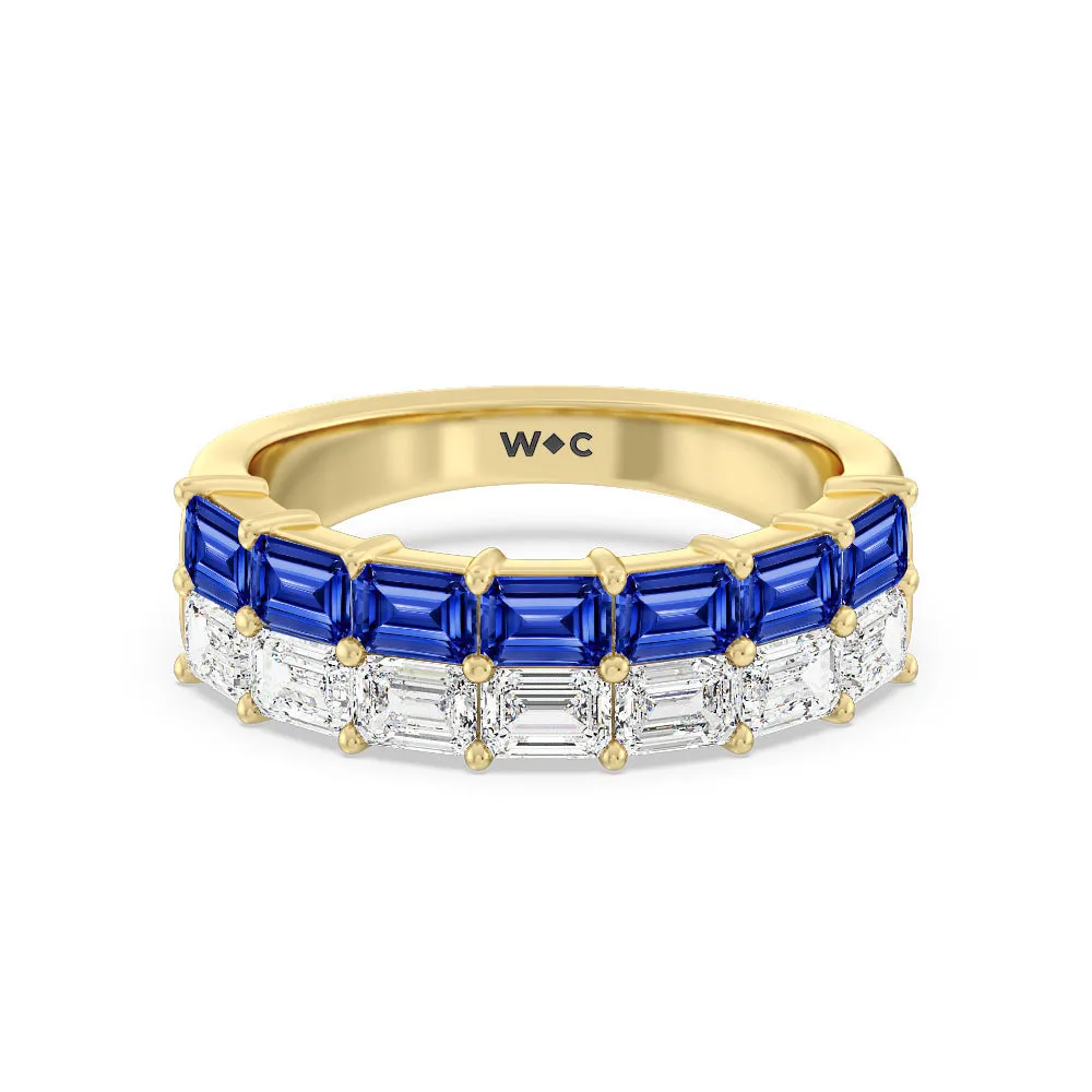 Two Row Linear Created Sapphire Emerald Diamond East-West Anniversary Ring