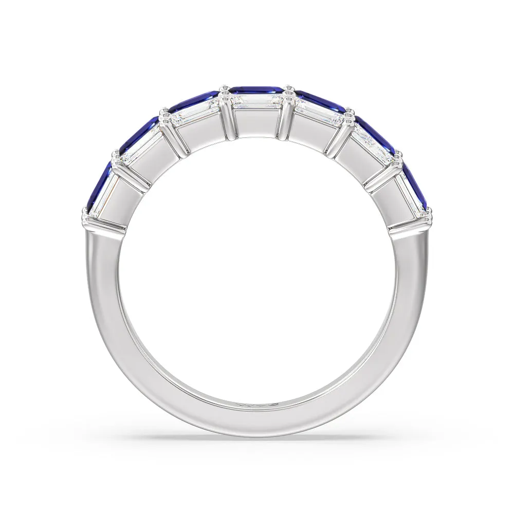 Two Row Linear Created Sapphire Emerald Diamond East-West Anniversary Ring