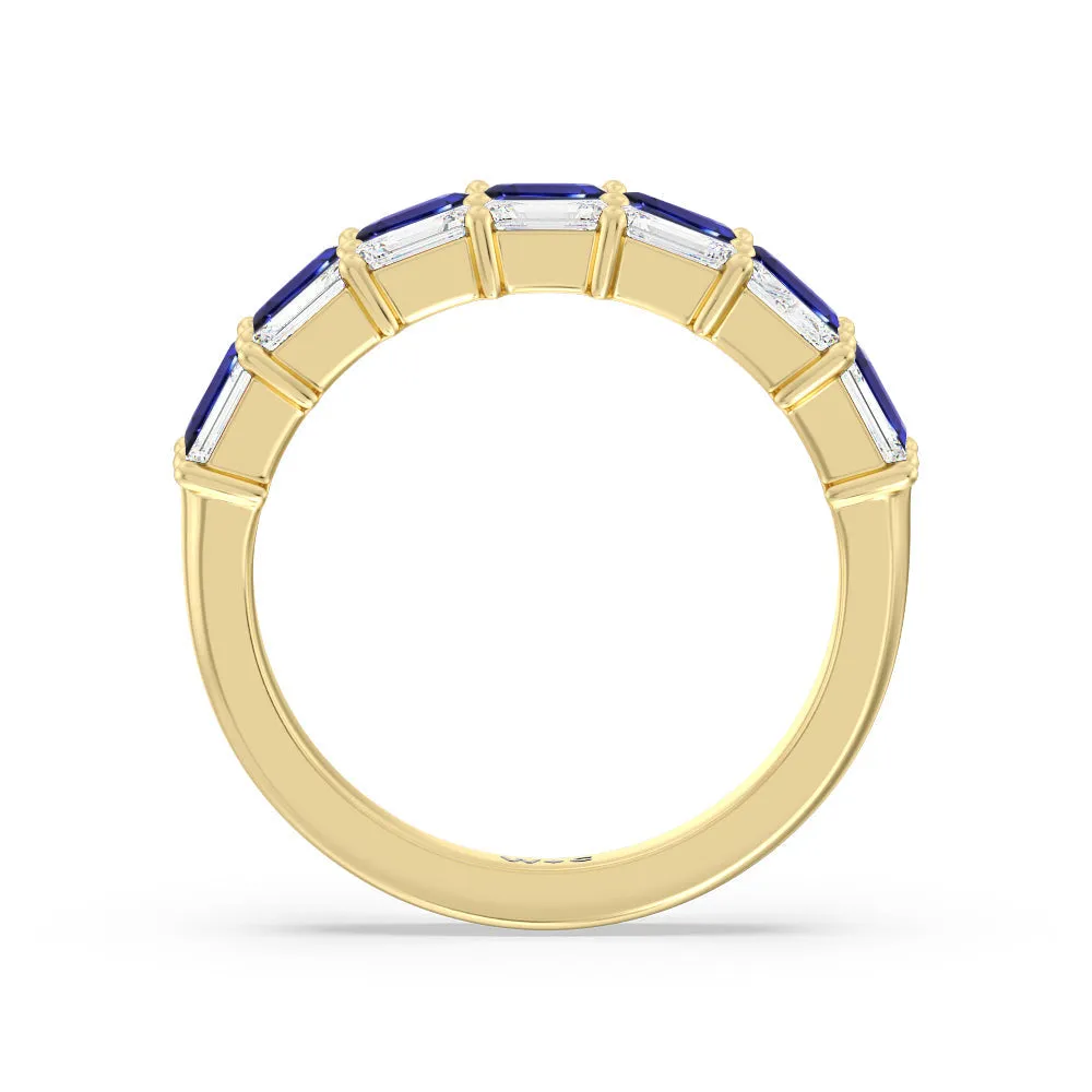 Two Row Linear Created Sapphire Emerald Diamond East-West Anniversary Ring