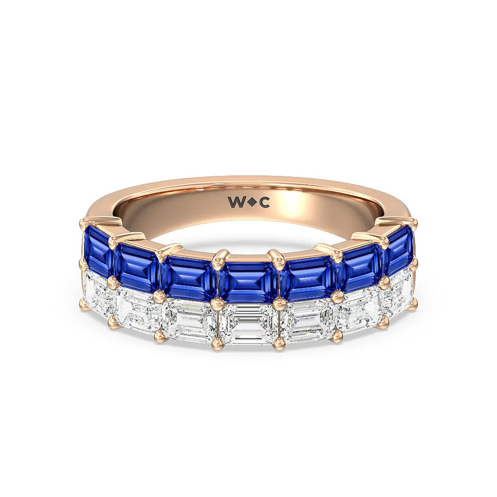 Two Row Linear Created Sapphire Emerald Diamond East-West Anniversary Ring