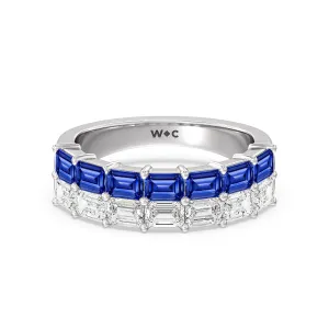 Two Row Linear Created Sapphire Emerald Diamond East-West Anniversary Ring