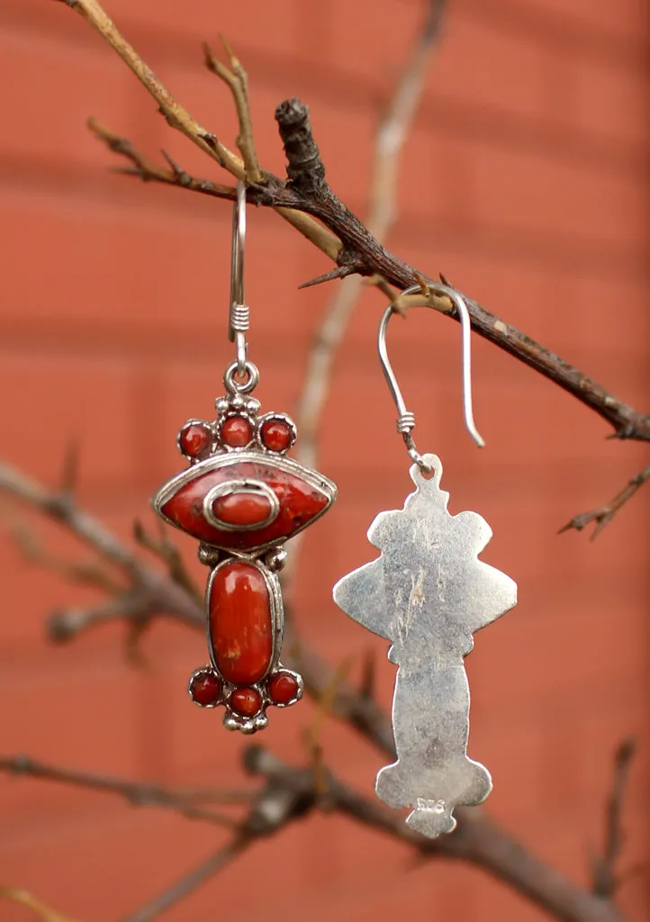 Unique Coral Inlaid Silver Sterling Earrings