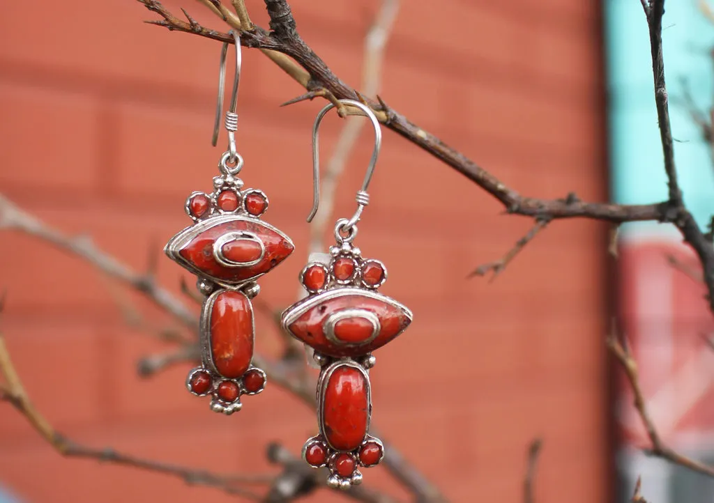 Unique Coral Inlaid Silver Sterling Earrings