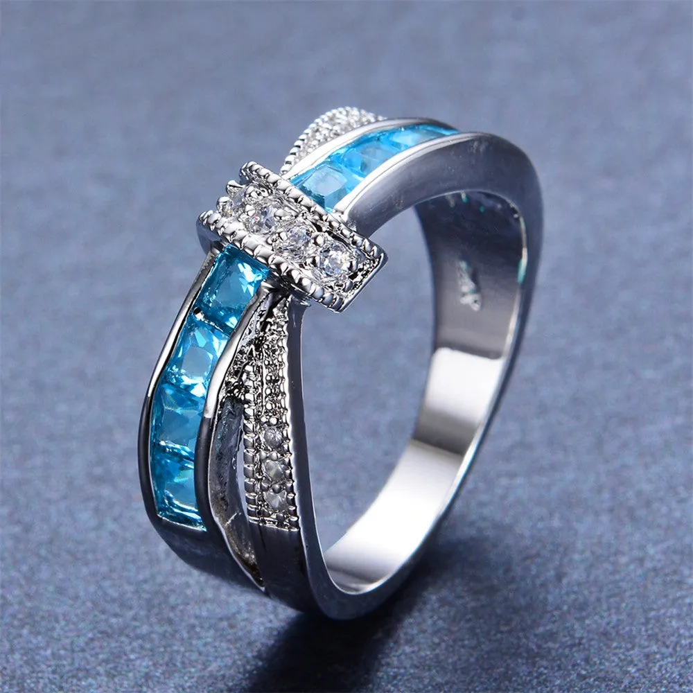 Unique Design Light Blue Zircon Ring White Gold Filled Wedding Party Engagement Finger Rings For Women Fashion Jewelry
