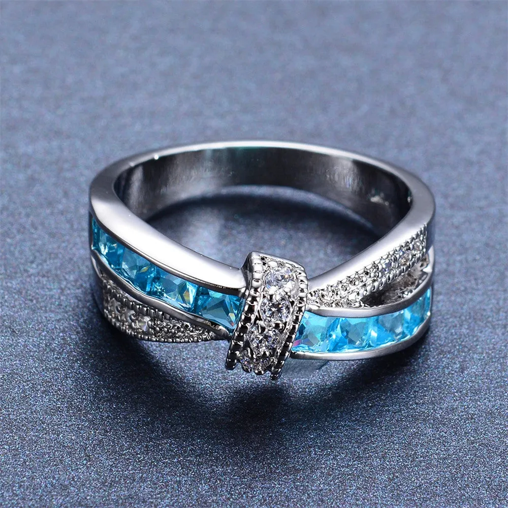 Unique Design Light Blue Zircon Ring White Gold Filled Wedding Party Engagement Finger Rings For Women Fashion Jewelry