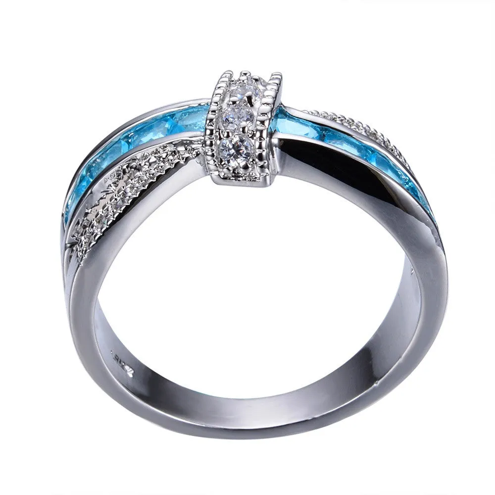 Unique Design Light Blue Zircon Ring White Gold Filled Wedding Party Engagement Finger Rings For Women Fashion Jewelry