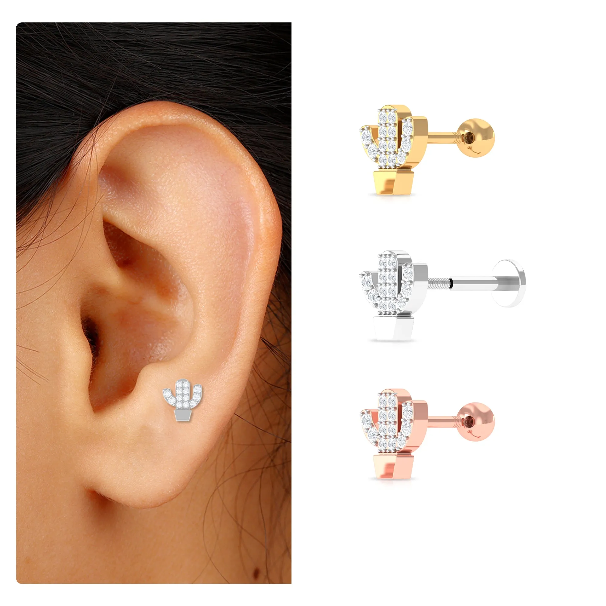Unique Moissanite Cactus Earring for Cartilage Piercing