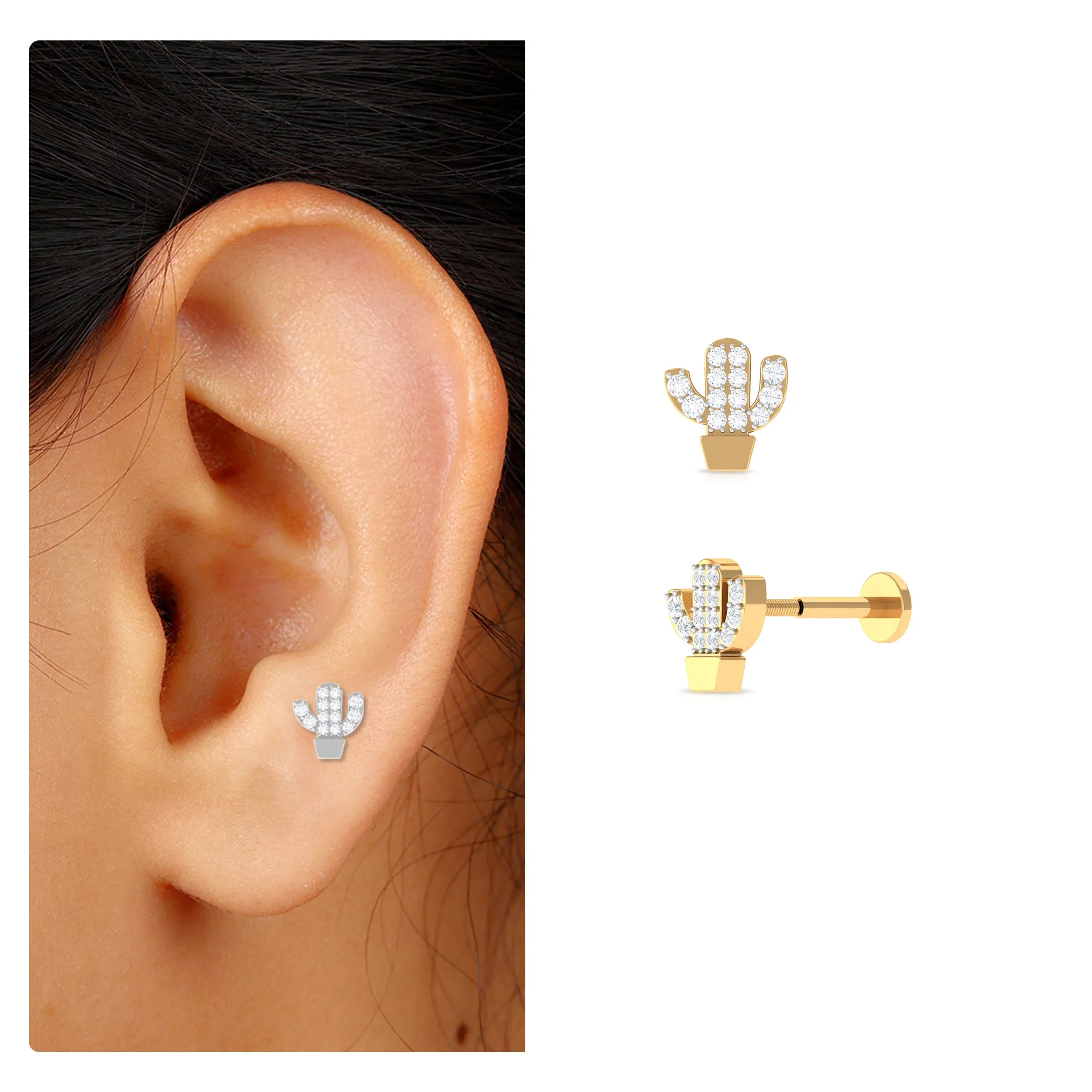 Unique Moissanite Cactus Earring for Cartilage Piercing