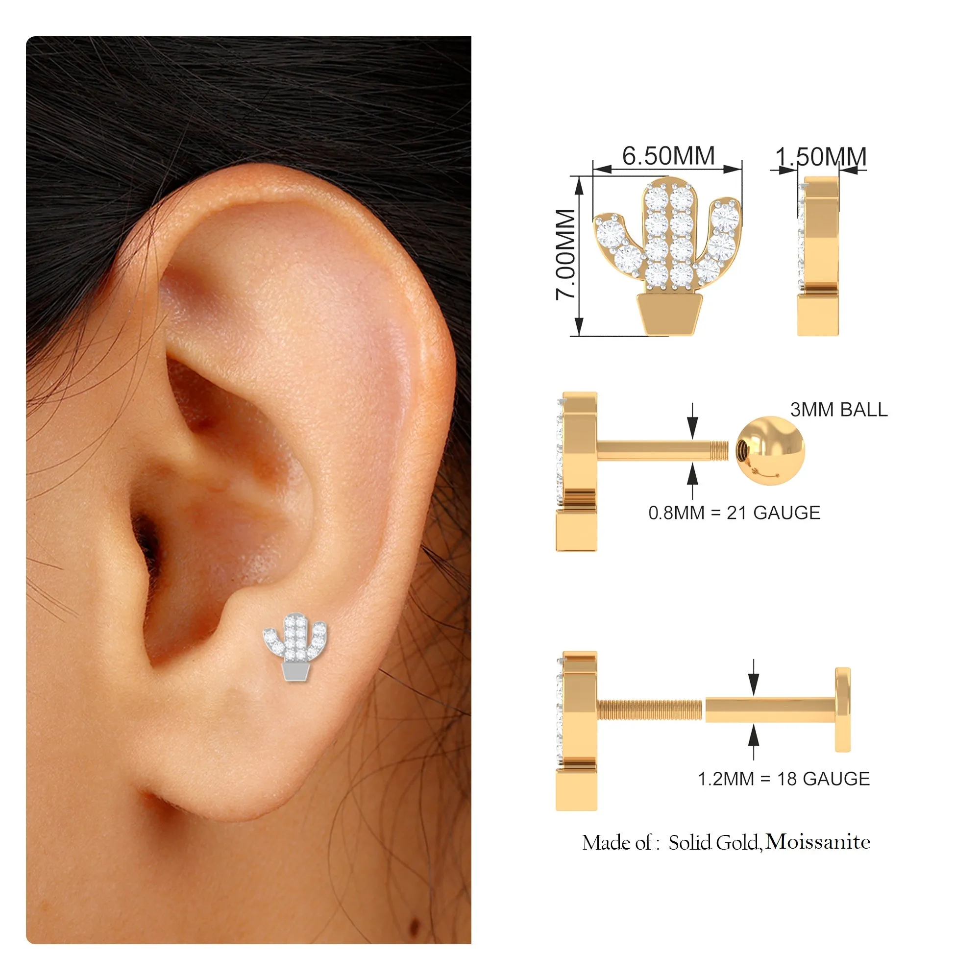 Unique Moissanite Cactus Earring for Cartilage Piercing