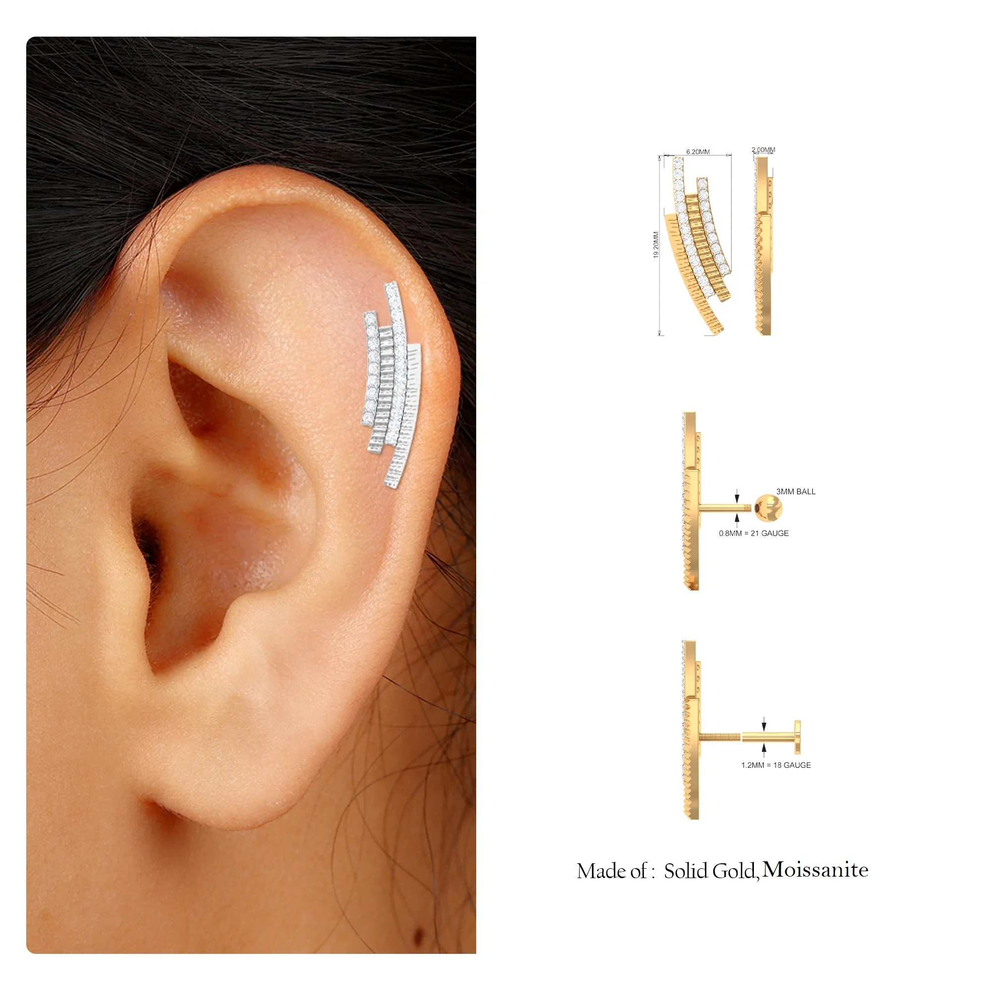 Unique Moissanite Curved Cartilage Earring