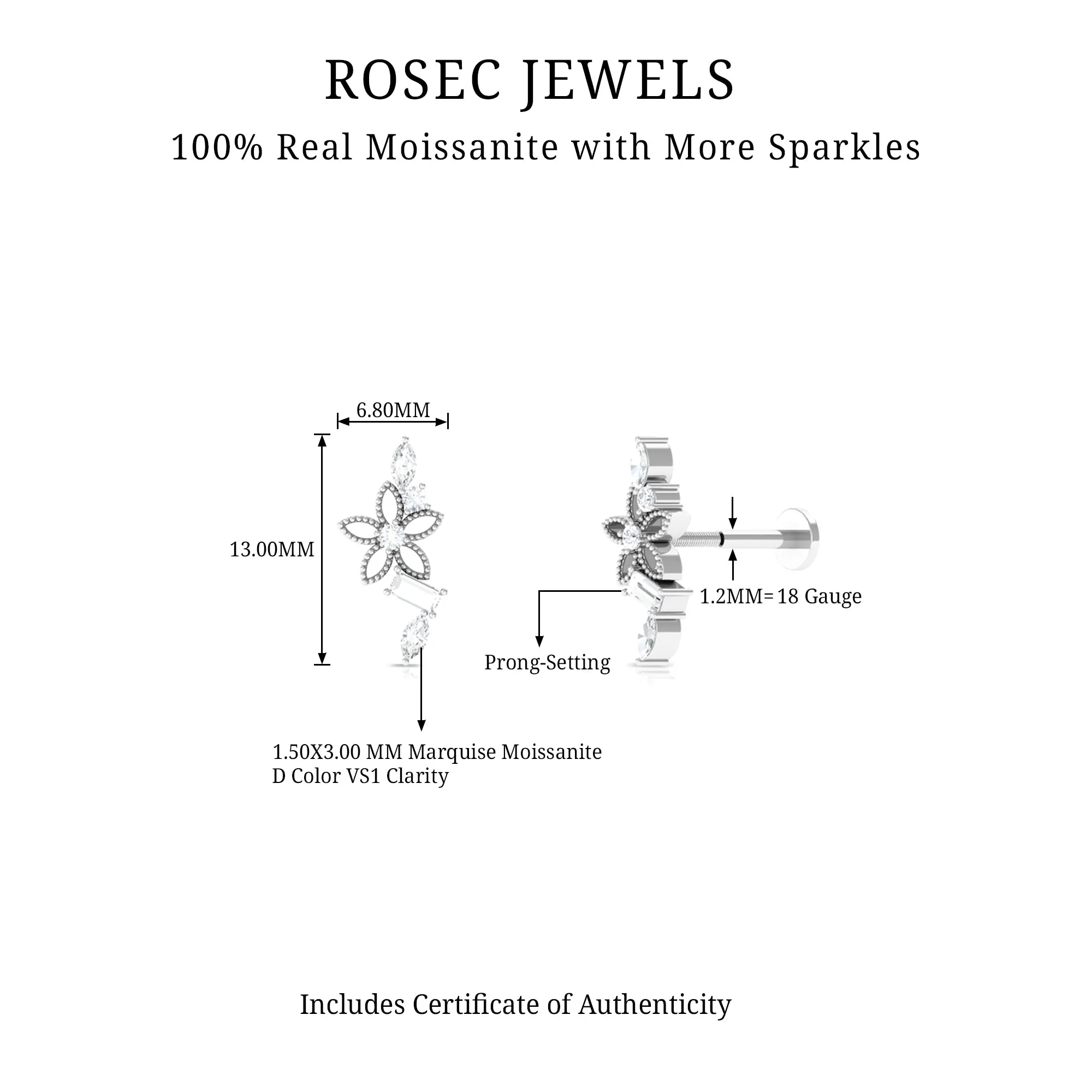 Unique Moissanite Flower Crawler Cartilage Earring