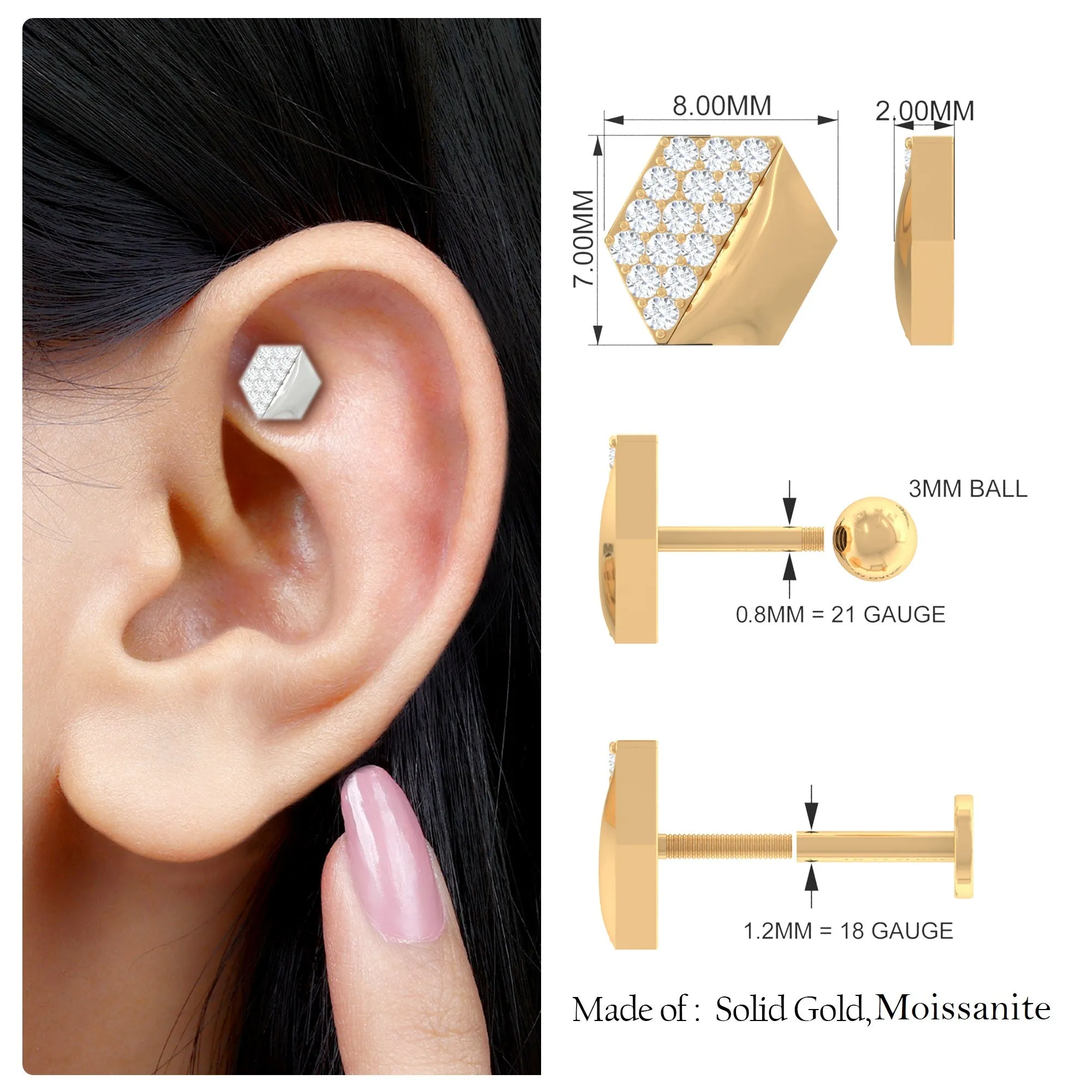 Unique Moissanite Geometric Earring for Upper Lobe Piercing