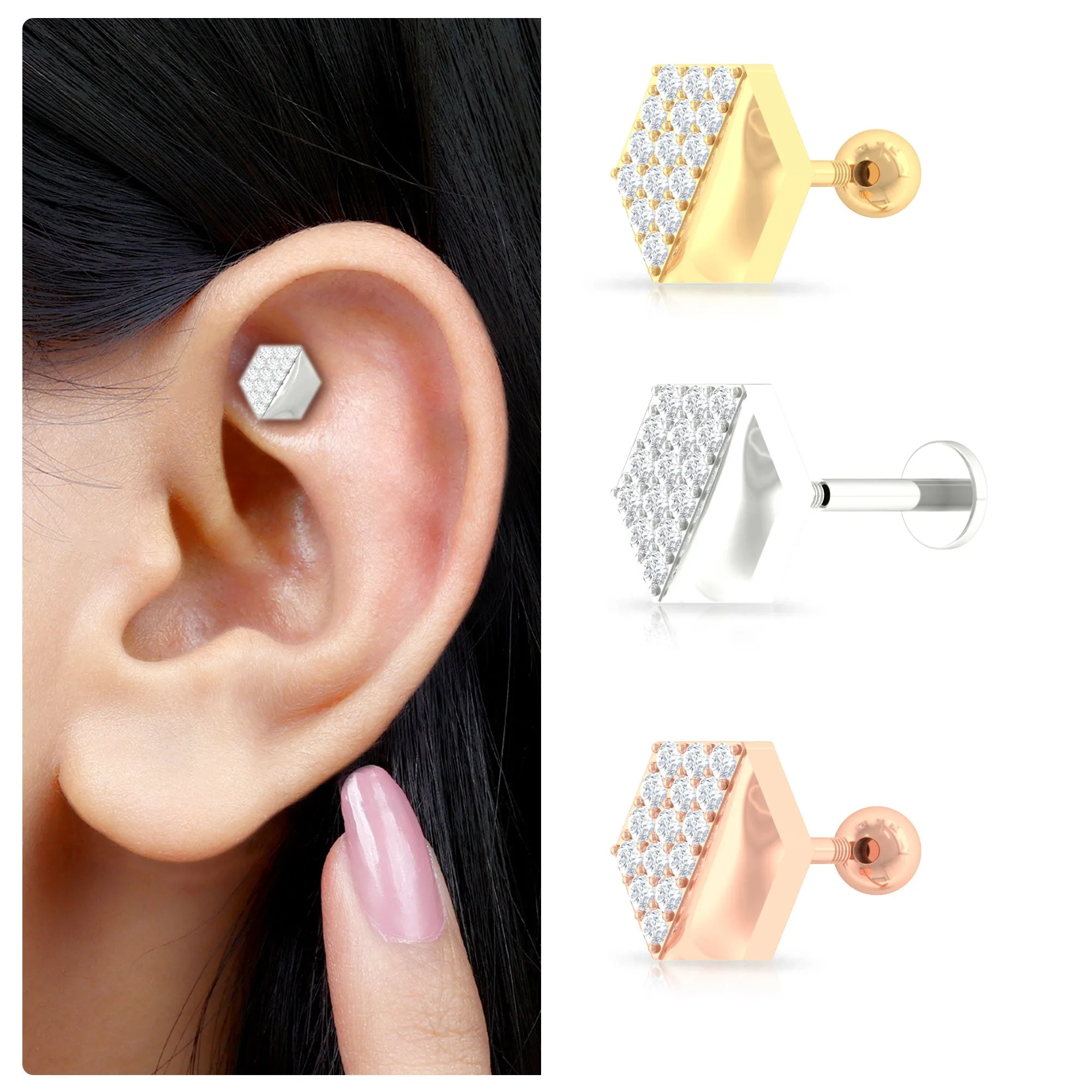 Unique Moissanite Geometric Earring for Upper Lobe Piercing