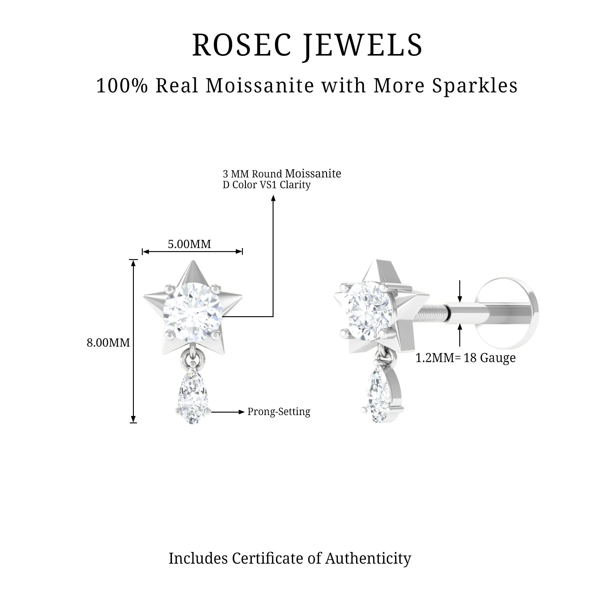 Unique Moissanite Star Drop Earring for Cartilage Piercing