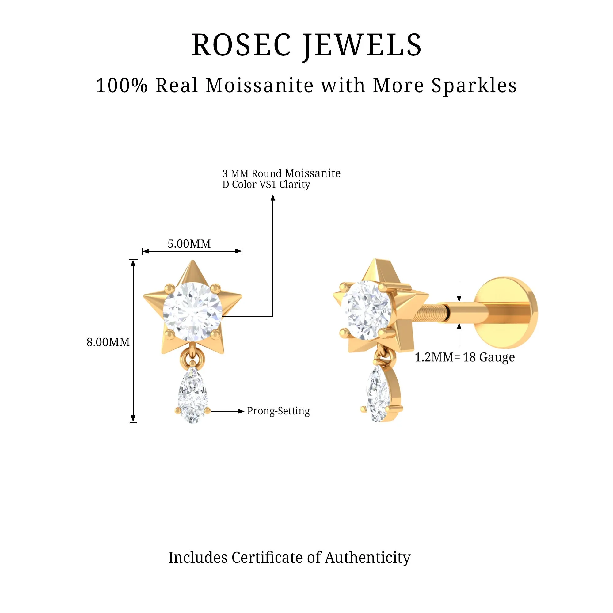 Unique Moissanite Star Drop Earring for Cartilage Piercing