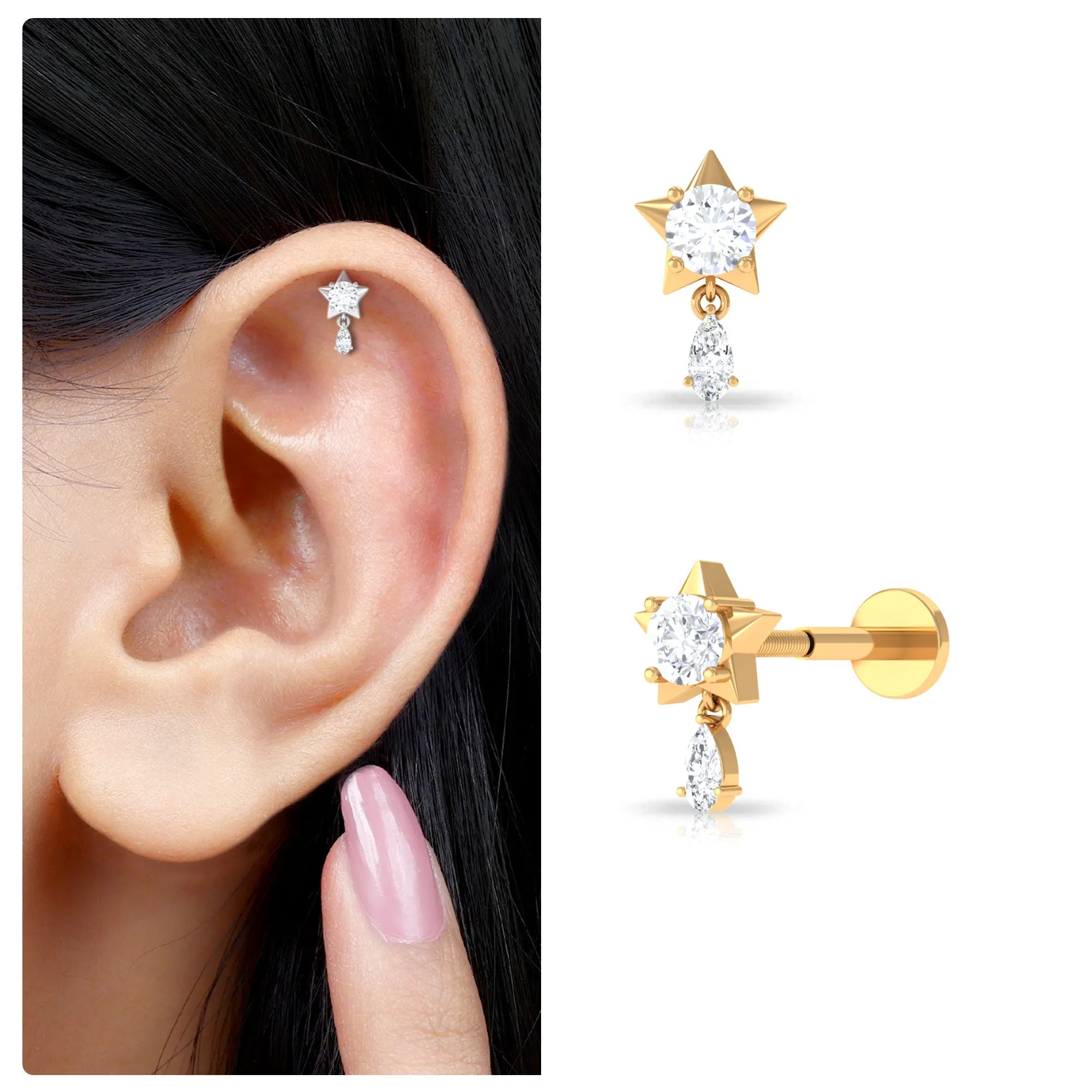 Unique Moissanite Star Drop Earring for Cartilage Piercing