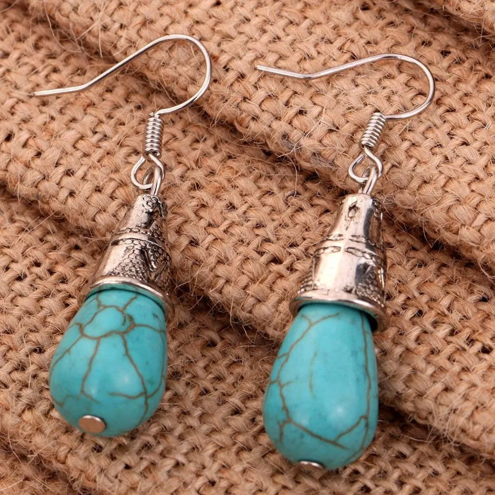 Unique Vintage Pattern Design summer style Tibetan Silver Teardrop Turquoise Fine and Fashion Jewelry Earrings For Women