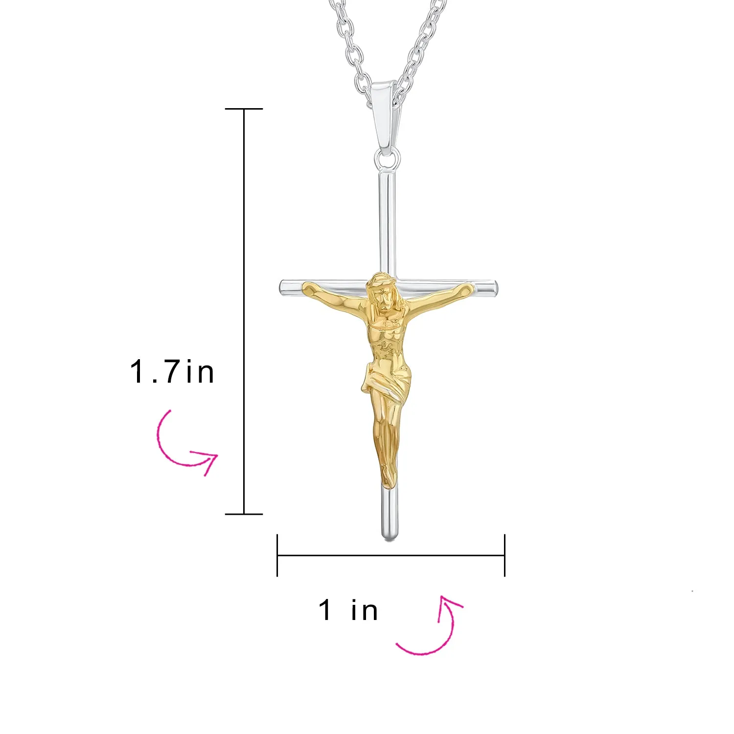 Unisex Medium Jesus Crucifix Cross Pendant Necklace 2-Tone Gold Sterling Silver