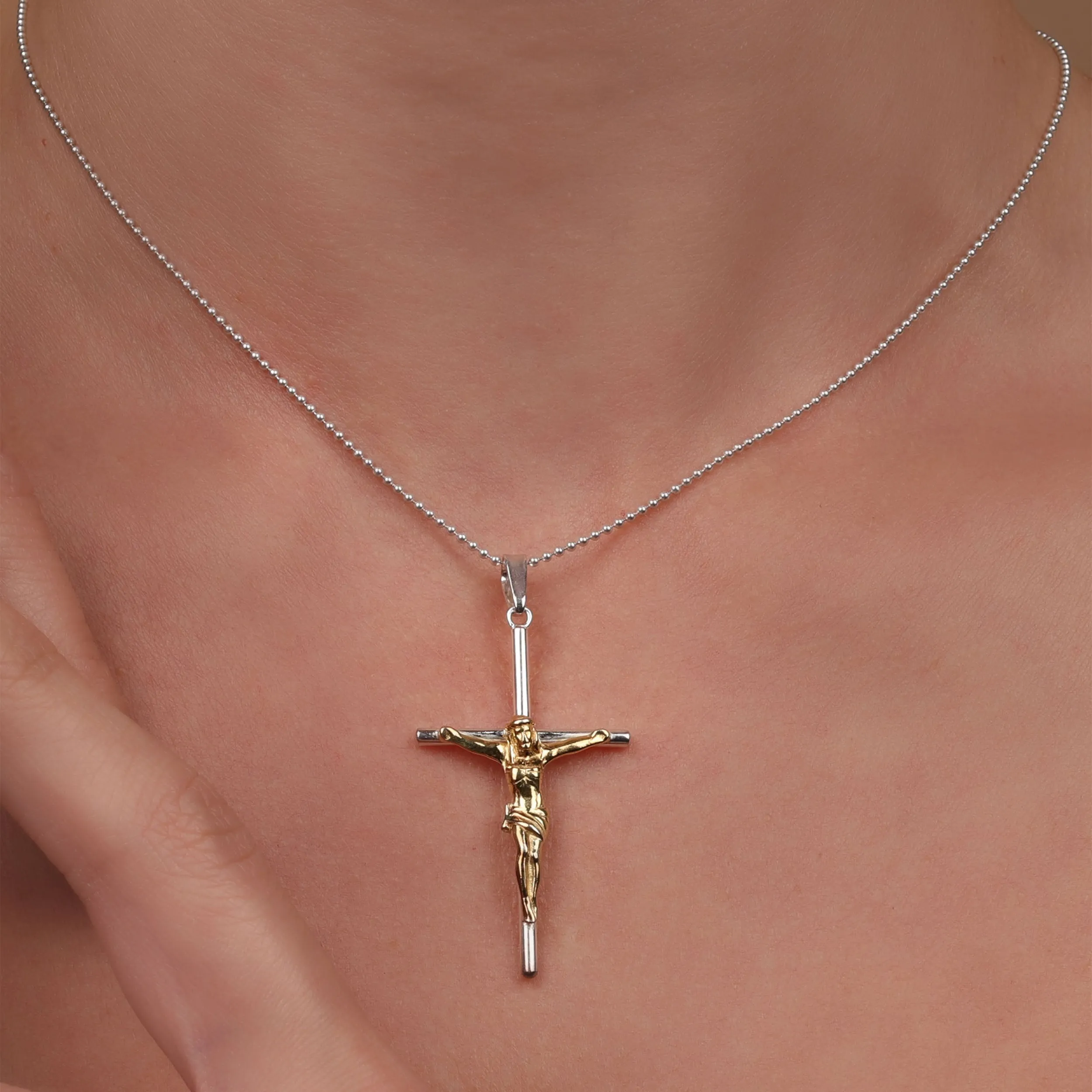 Unisex Medium Jesus Crucifix Cross Pendant Necklace 2-Tone Gold Sterling Silver