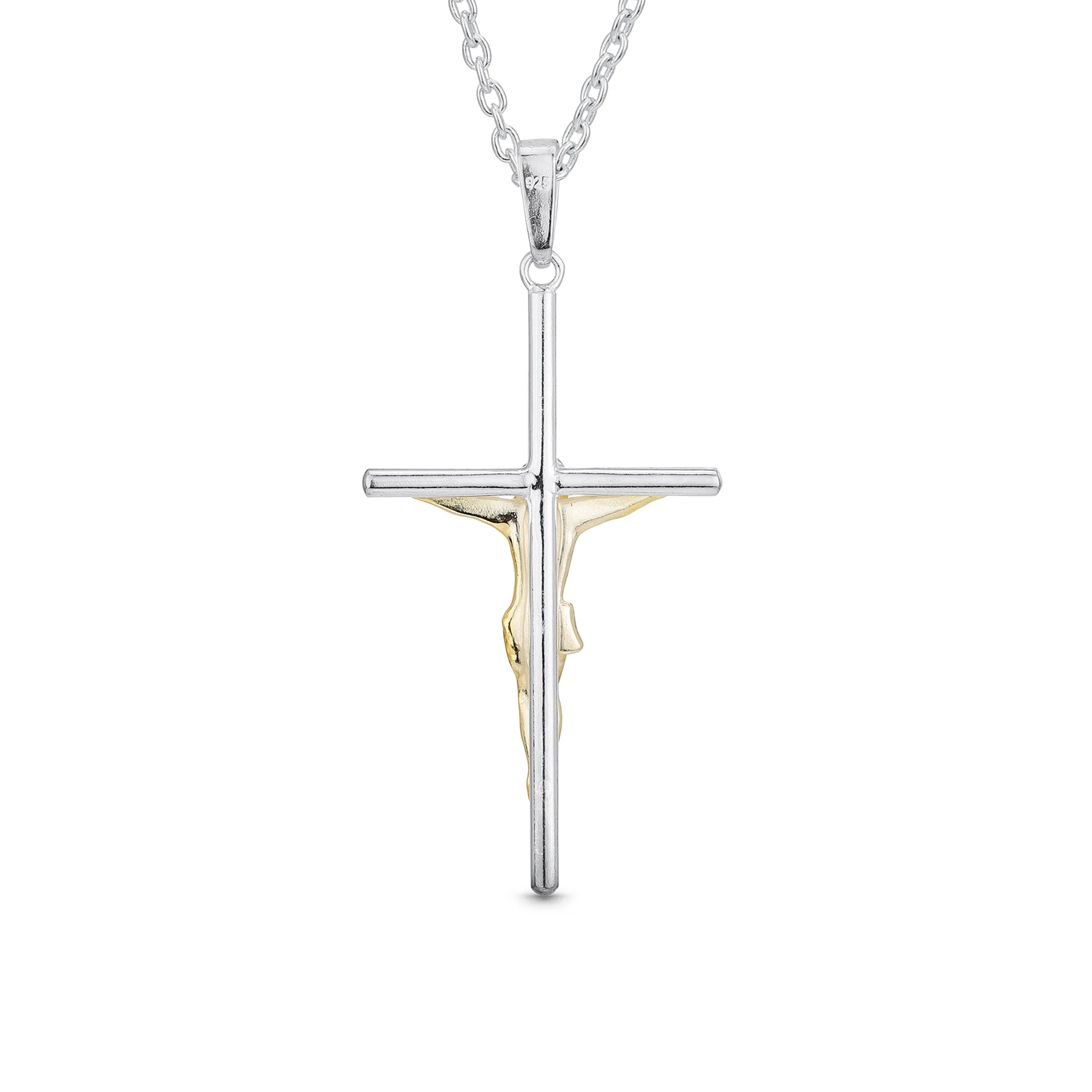 Unisex Medium Jesus Crucifix Cross Pendant Necklace 2-Tone Gold Sterling Silver