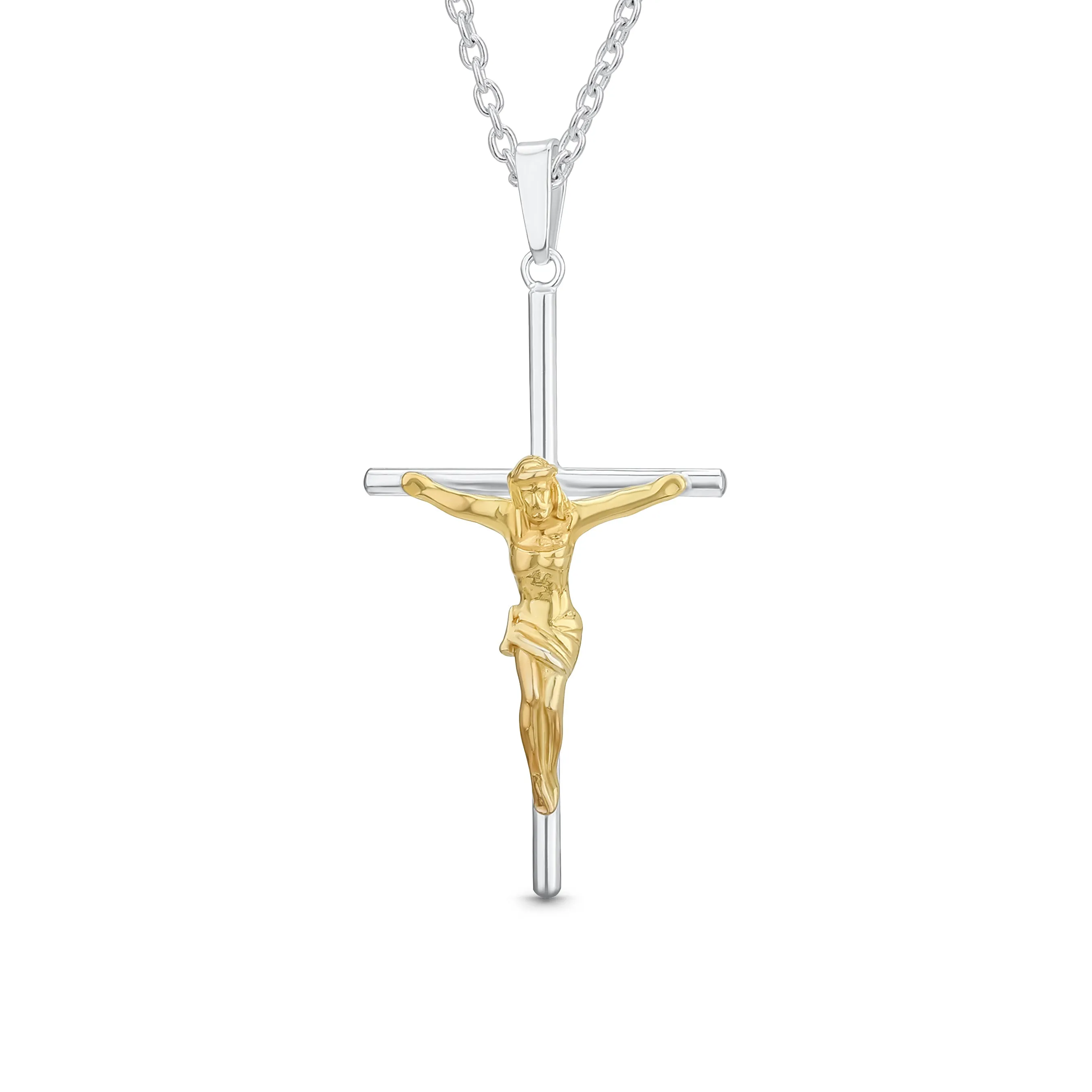 Unisex Medium Jesus Crucifix Cross Pendant Necklace 2-Tone Gold Sterling Silver