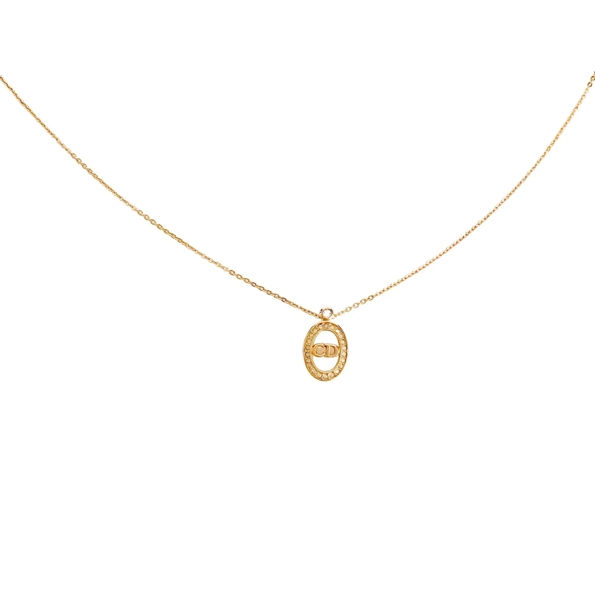 Vintage Dior Rhinestone Circle Logo Plate 43cm Gold Necklace
