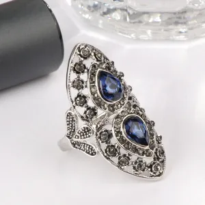 Vintage Jewelry Blue Glass Rings For Women with  Grey Crystal in Silver Color