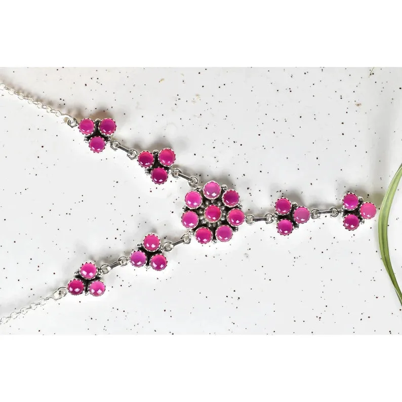 Vintage Pink Onyx Long Bohemian Cluster Pendant - 925 Sterling Silver Southwestern Style Pendant