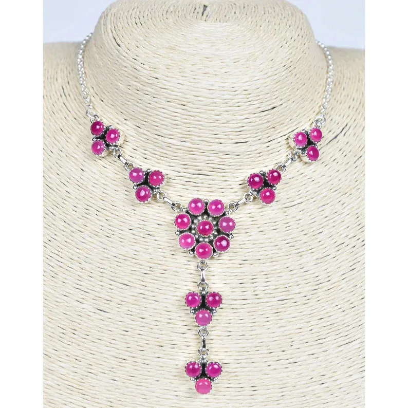 Vintage Pink Onyx Long Bohemian Cluster Pendant - 925 Sterling Silver Southwestern Style Pendant
