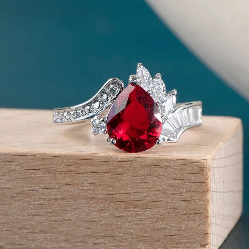 Water Drop Shaped Red Ruby Silver Ring