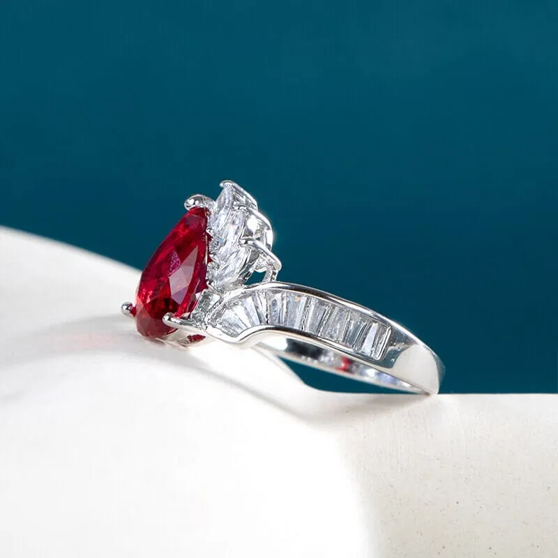 Water Drop Shaped Red Ruby Silver Ring