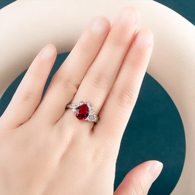 Water Drop Shaped Red Ruby Silver Ring