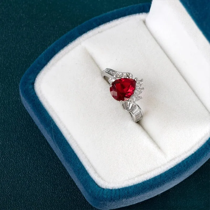 Water Drop Shaped Red Ruby Silver Ring