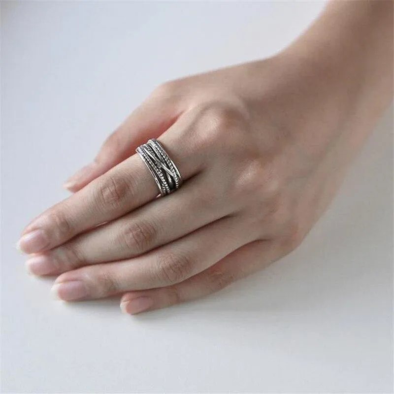 Winding Twisted Silver Multi-layer Retro Ring