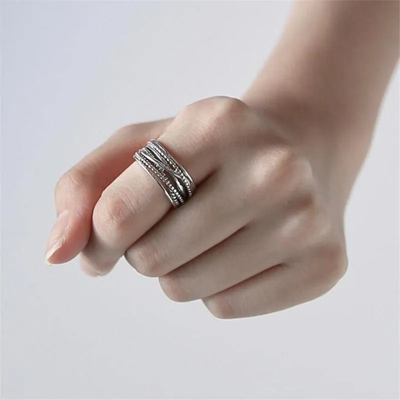 Winding Twisted Silver Multi-layer Retro Ring