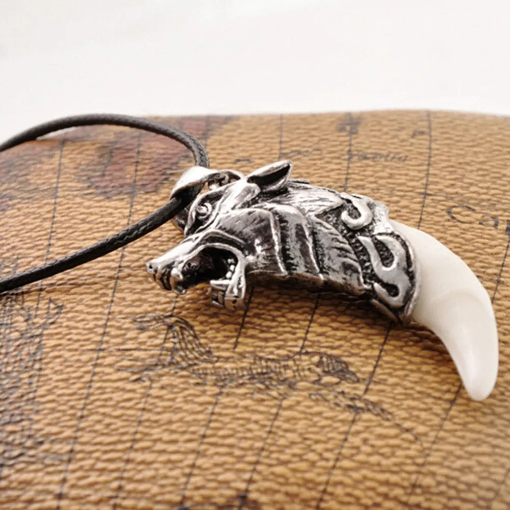 Wolf Head and Tooth Pendant Necklace