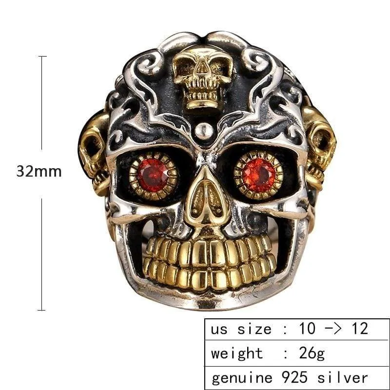ZABRA Punk Gothic Skull Silver Rings Red Cubic Zirconia Ring Gold 925 Sterling Silver Rings For Men Jewelry